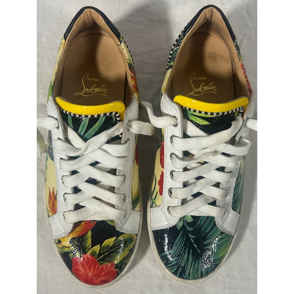 Christian Louboutin Vieirissima Tropical Floral Leather Sneakers Red Sole 37.5